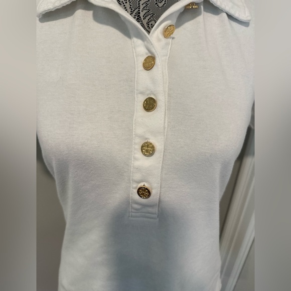TORY BURCH Women’s Sz: M White Polo Short Shirt Top Gold Monogram Accent Buttons - Picture 11 of 12